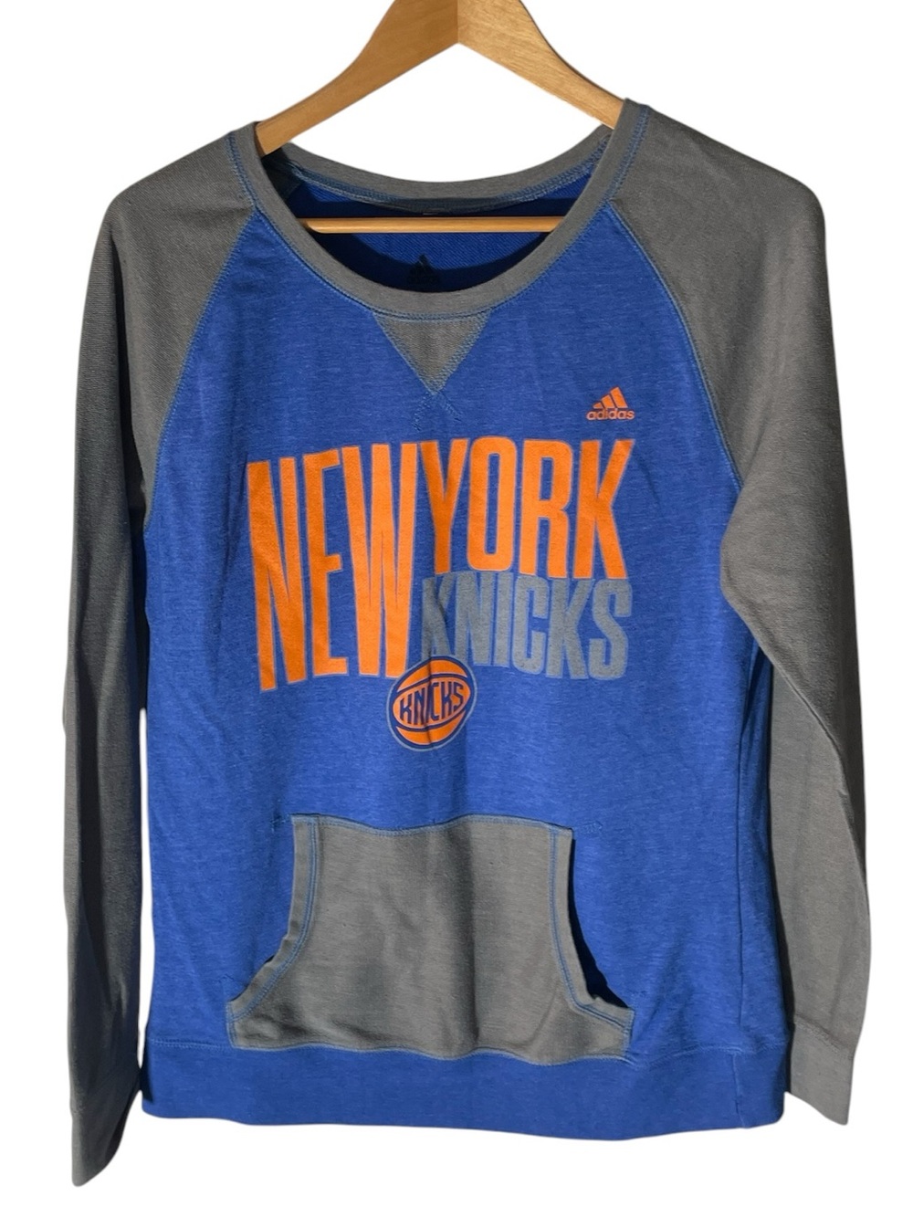 X4- adidas Royal Blue and Gray New York Knicks Crewneck Pullover